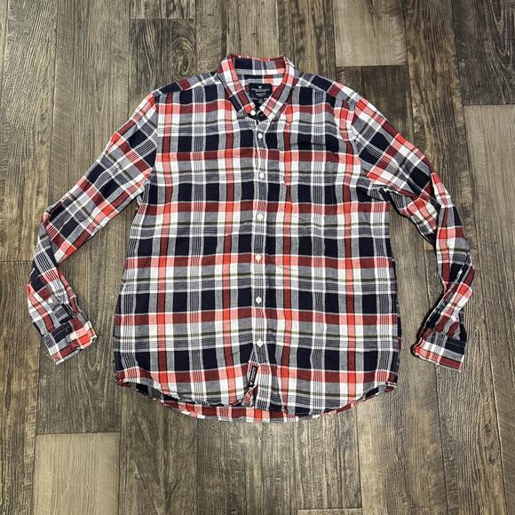 American Eagle Seriously Soft Classic Fit Plaid Red Black Mens XL Linen Cotton - Picture 1 of 5